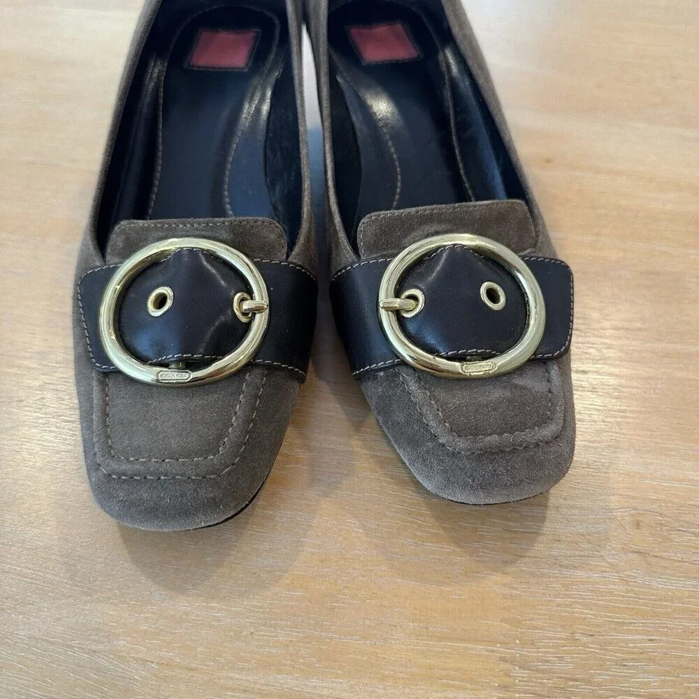Coach Loafers Womens Sz 7 Brown Suede Slip On Gold Buckle Wedged Shoes‎ Preppy